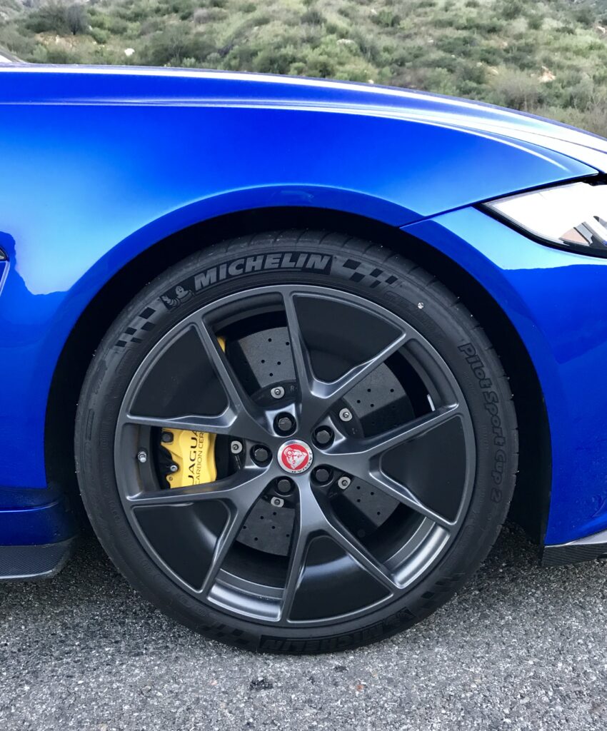Carbon-ceramic brakes measure 15.7-in. up front with 6-piston calipers. Michelin Pilot Sport Cup 2 measures 265/35R-20. Out back 305/30 Michelins and 15.6-in. carbon-ceramic brakes. Wheels are offsets, measuring 11 inches wide at the rear. No shortage of tire and brake. 