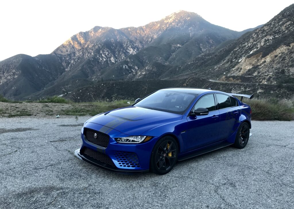 Handsome Project 8 front bodywork. Carbon-fiber splitter adjustable. The splitter is also one of only two minor weak points in a thoroughly sorted vehicle: there is no front-end lift system to get the chin up and over extremely steep driveways. Choose approach angles with care. Better still, pay to have your drive entrance reshaped. The car is worth it. 